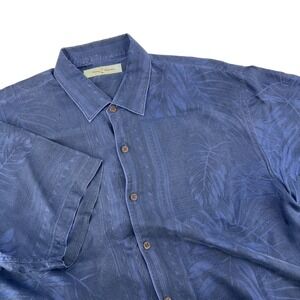 Tommy Bahama Mens XL Blue Grey Silk Tropical Palm Leaf Jacquard Camp Shirt